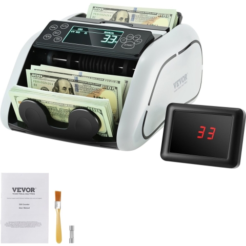 VEVOR geldtelmachine, bankbiljettenteller met UV-, MG-, IR- en DD-detectie van vals geld, geldtelmachine voor USD en EUR met groot LCD-scherm en extern display voor kleine bedrijven.