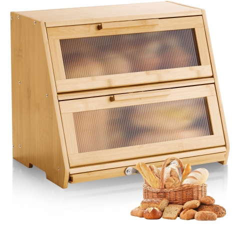 VEVOR Dubbellaagse broodtrommel voor aanrecht, broodcontainer, broodtrommel, broodorganizer van hout voor zelfgebakken brood, opbergcontainer met gegolfd acryl deurpaneel, broodopslag, natuurlijk