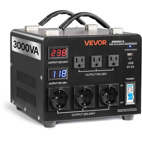 VEVOR 3000VA Step-Up/Step-Down Transformator 110V naar 220V & 220V naar 110V met 3 Amerikaanse stopcontacten, 3 Europese stopcontacten, LCD-scherm, stroomonderbreker
