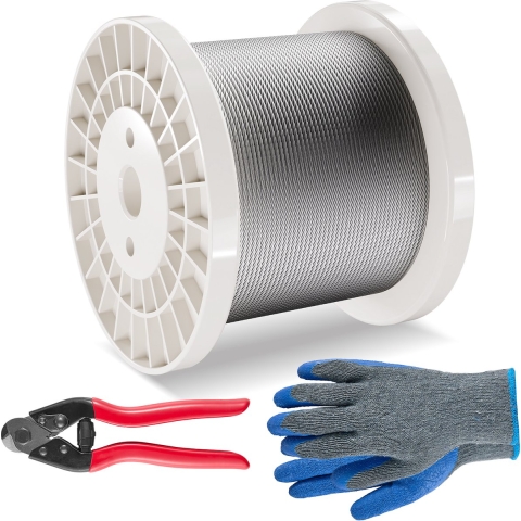 VEVOR staalkabelset, 3,18 mm x 182,3 m, 316 roestvrijstalen kabel met snijder en handschoenen, 7,1 kN breeksterkte, 7x7 strengen, geschikt voor de bouw, scheepvaart en vliegtuigen, voor leuningen, trappen, terrassen en hekken