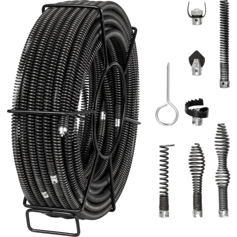 VEVOR Rioolreinigingsspiraal 30 m x 16 mm, Professionele Rioolreinigingskabel met 7 snijmessen voor 20-100 mm buizen, Holle Kern Rioolspiraal voor Gootsteen, Vloerafvoer, Toilet