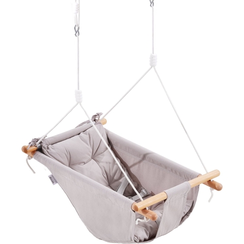 VEVOR Canvas Hangmat Schommel, Baby Schommel met 3 Standen voor Binnen en Buiten, met 5-puntsgordel en Boomriemen, Draagvermogen 68 kg, Ingebouwd Kussen, Houten Hangende Schommelzitje voor Baby's en Peuters