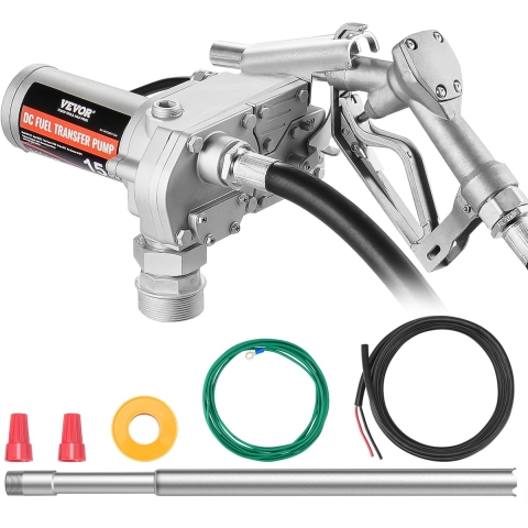 VEVOR brandstoftransportpomp, 12V DC, 15 GPM, 1/5 HP, elektrische dieselpomp met tandwielaandrijving en automatisch brandstofpistool, lange inlaat- en uitlaatslang voor benzine, diesel, kerosine