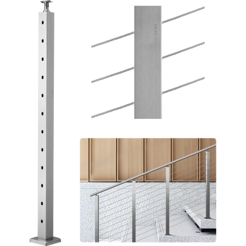 VEVOR Kabelleuningpaal, 107x5x5 cm leuningpaal, met 30° voorgeboorde gaten, roestvrij staal met horizontale en gebogen beugel, 1 stuk, zilver, 1JZLGZXYS1062TLWC001V0