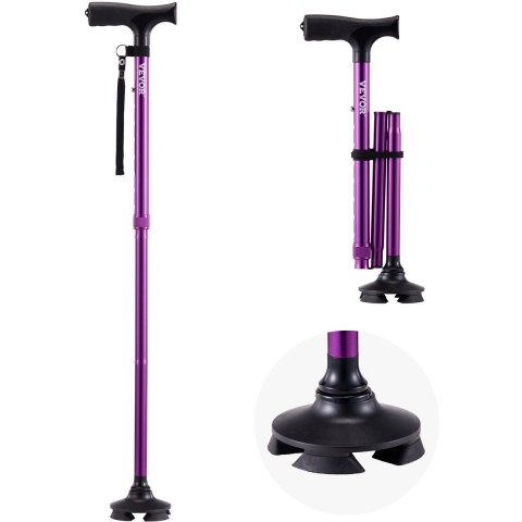 VEVOR wandelstok, opvouwbare wandelstok met 8-traps hoogteverstelling (770-940 mm), wandelstok, lichtgewicht en draagbaar aluminium loophulpmiddel voor senioren, draagvermogen 113 kg (paars)
