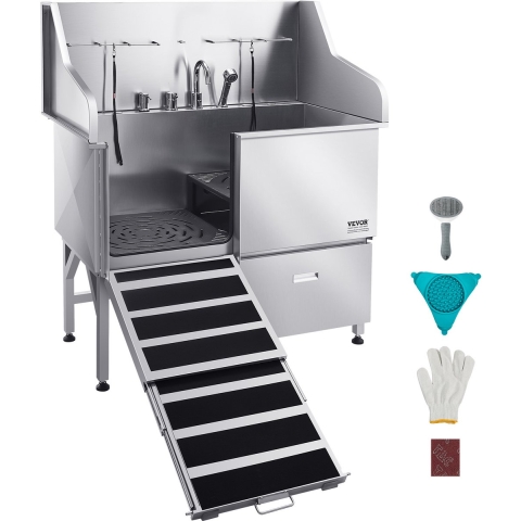 VEVOR Hondenwasstation van roestvrij staal, 50-inch verzorgingsbak voor huisdieren met oprit, kraan, douchekop en zeephouder, hondenbad met riem voor grote, middelgrote en kleine huisdieren (linkerdeur)