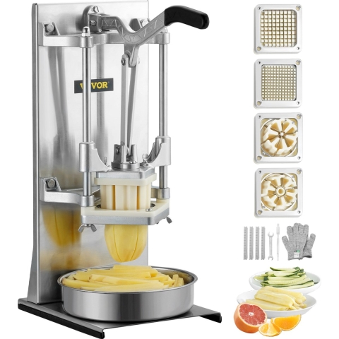 VEVOR Aardappelsnijder Frietsnijder 1/4 + 3/8 inch + 6 partjes, Frietsnijder Groentesnijder Commerciële hakselaar Fruitsnijder met 4 vervangende messen, RVS hakselaar