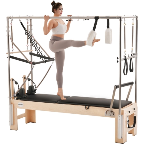 VEVOR Pilates Reformer Machine van hout voor thuisgym, krachttrainingsapparaat met dubbele weerstand en reformerbox en springplank, voor gevorderden en beginners, tot 181,44 kg