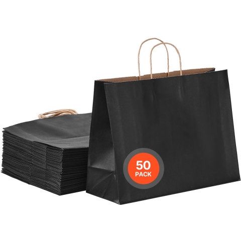 VEVOR Kraft papieren tassen, 50 stuks, cadeautassen met handvatten, 406x152x308 mm, grote boodschappentassen, papieren draagtas, voor feesten, verjaardagen, bruiloften, winkelen, cadeaus, zwart