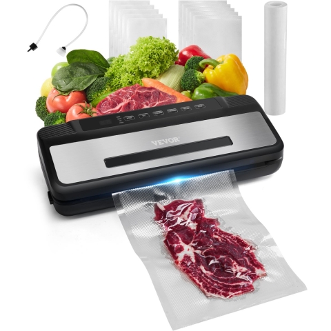 VEVOR vacuümsealer, 80 Kpa, 120 W, vacuümsealer voor voedsel, 7-in-1 foliesealer, automatisch luchtsealsysteem met ingebouwde snijder, met 10 vacuümzakken en 1 zakrol