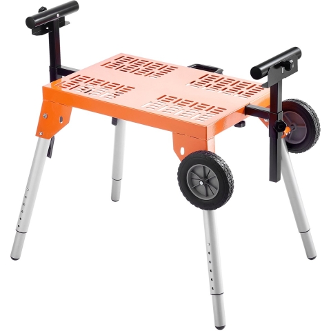 VEVOR Verstekzaagstandaard met tafelblad en wielen, 150 kg draagvermogen, opvouwbaar stalen rolstatief voor verstekzagen, verstelbare hoogte en lengte, draagbaar verstekzaagstatief