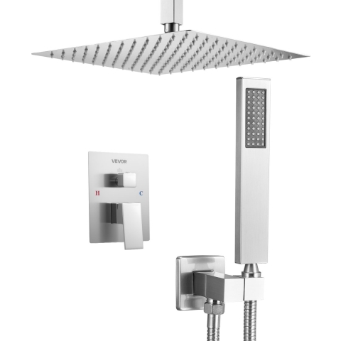 VEVOR Douchekraan Regendouchesysteem voor Badkamer Douchesysteem met 305 mm Vierkante Regendouchekop & Handdouche, Plafondgemonteerde Badkamerkranen met Messing Klep & Afwerkingsset, Geborsteld Nikkel