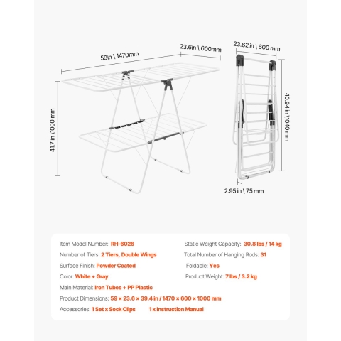 VEVOR Droogrek (2-laags & opvouwbaar) met sokkenklemmen & 31 droogstangen, in hoogte verstelbaar metalen droogrek, vrijstaande & ruimtebesparende kledinghanger voor wasruimtes, balkons