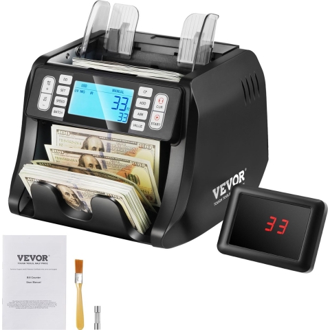VEVOR geldtelmachine, bankbiljettenteller met UV-, MG-, IR- en DD-detectie van vals geld, geldtelmachine voor USD en EUR met optel- en batchmodus, groot LCD-scherm en extern display.