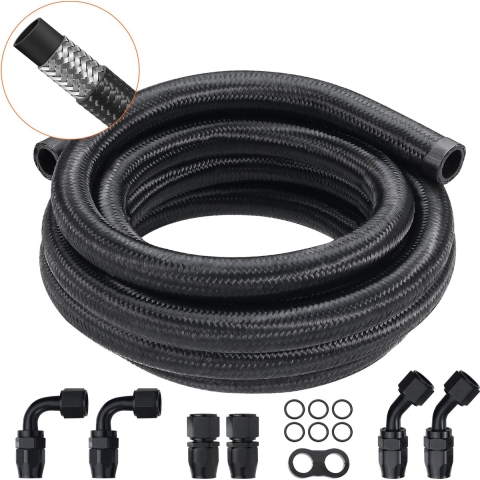 VEVOR 10AN brandstofleidingset, 3048 mm brandstofslangset, 13,97 mm nylon roestvrijstalen gevlochten brandstofleiding, olie-/gasslang eindfittingset, 7-delige draaibare adapterset