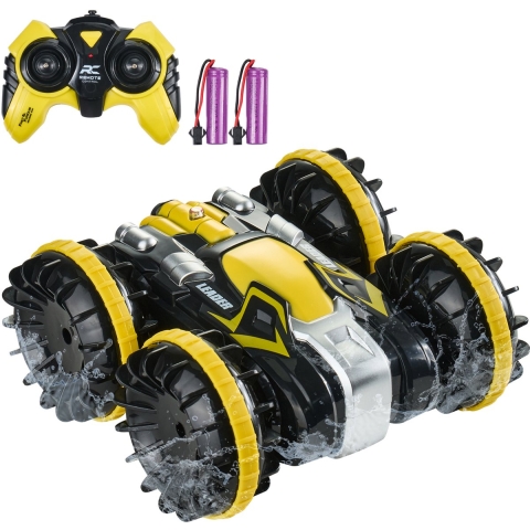 VEVOR Amfibische afstandsbediening autoboot, 2,4 GHz, 12 km/u, 4WD waterdichte RC-auto voor kinderen, 360° roterende stuntauto met 2 batterijen, all-terrain water strand zwembad speelgoed voor jongens en meisjes vanaf 6 jaar, geel