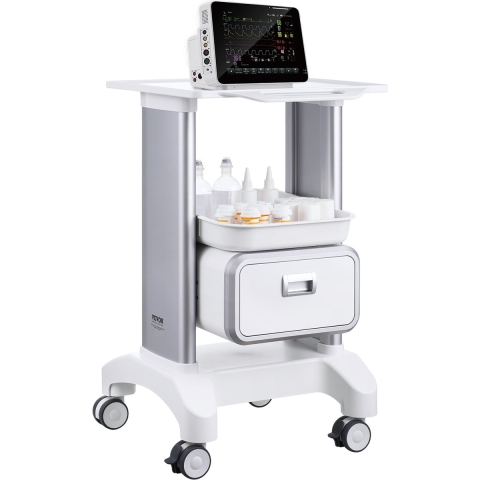 VEVOR 2-laags laboratoriumwagen, laboratoriumwagen met 1 lade en 1 bovenste lade, mobiele medische wagen van ABS-materiaal, laboratoriumwagen met 4 stille wielen voor laboratorium, kliniek, ziekenhuis, salon, wit