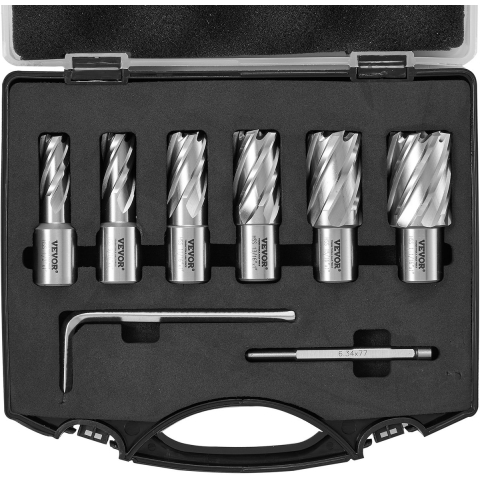 VEVOR Kernboorset Metaal 6 stuks 1/2, 9/16, 11/16, 13/16, 15/16, 1-1/16 inch Kernboorset 25,4 mm snijdiepte Ringfreesset, Gemaakt van M2AL Snelstaal Accessoires voor magneetboormachines