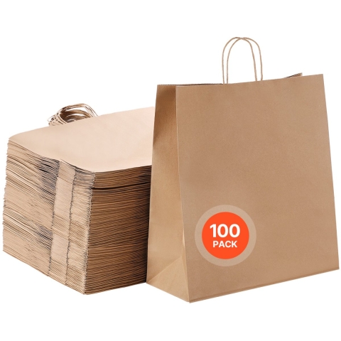VEVOR Kraft-papieren tassen, 100 stuks, cadeautassen met handvatten, 457 x 178 x 483 mm, grote boodschappentassen, papieren draagtassen, krafttassen, voor verjaardagen, bruiloften, winkelen, cadeaus, bruin