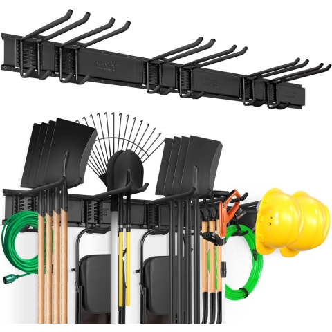 VEVOR Garage Tool Organizer, maximaal draagvermogen van 800 lbs, wandgemonteerde tuinopslagrekorganisatie, zwaar uitgevoerd met 6 verstelbare haken en 3 rails, f<s:1> r tuingereedschap