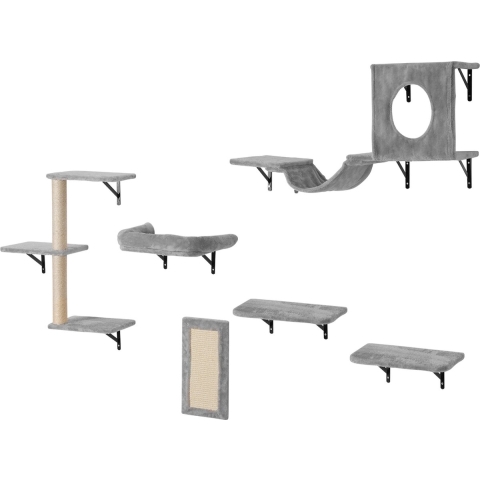 VEVOR Wandgemonteerde Kattenplanken, Kattenwandplanken en Zitstokken met Springplanken, Hangmat, Bank, Krabpaal & Kattengreep, Kattenmeubels en Planken tot 18 kg voor Slapen, Spelen, Klimmen, Set van 6