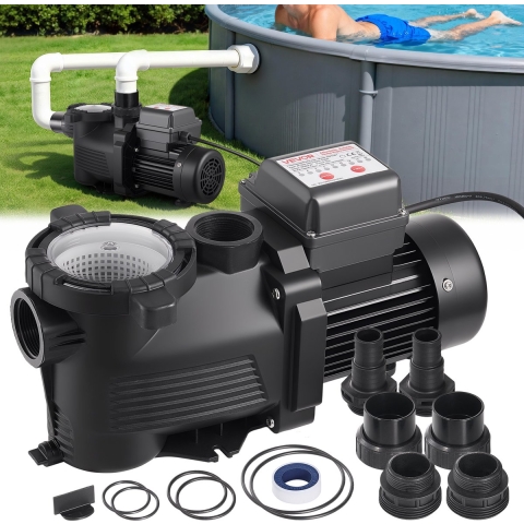 VEVOR zwembadpomp 550 W, filterpomp met een maximale doorstroomsnelheid van 14.000 l/u, eentraps zwembadpomp, 3450 tpm, maximale opvoerhoogte van 12 m, met 24-uurs timer en filtermand, voor bovengrondse en ingegraven zwembaden en spa's.