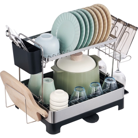 VEVOR Afdruiprek 571 x 320 x 385 mm, 2-laags afdruiprek roestvrij staal + PP, afdruiprek, afdruiprek, afwasdroger met keukengereihouder en lekbak