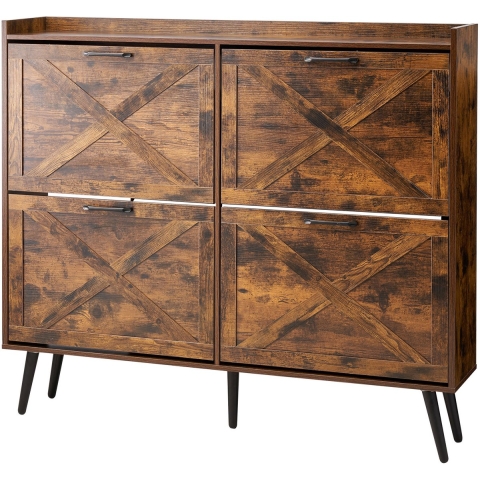 VEVOR schoenenkast met 4 deuren en kantelbeveiliging, ruimtebesparende schoenenkieper, vrijstaande schoenenrek-organizer voor entree, hal, woonkamer, veranda, vintage schoenenrek 120 x 24 x 105 cm bruin