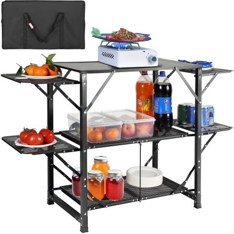 VEVOR Campingkeukentafel, aluminium, opvouwbaar, draagbaar, kookstation voor buiten met 4 ijzeren zijkanten, 2 planken en draagtas, snelle installatie voor picknick, barbecue, strand, reizen, enz.