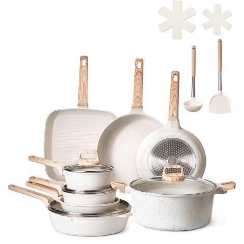 VEVOR Inductiepannenset (19-delig) met glazen deksels, antiaanbak kookgerei, inductiekookpannen voor de keuken in de camper om te bakken, sauzen op smaak te brengen en te koken (wit)