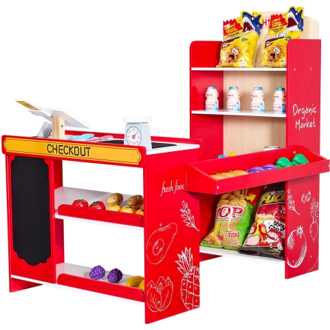 VEVOR Kids Kruidenierswinkel Speelset, Houten Speelwinkel met Boodschappentas, Kindersupermarkt met Lopende Band, Scanner, Kassa, Fruit en Groenten, Cadeau voor Kinderen vanaf 3 Jaar