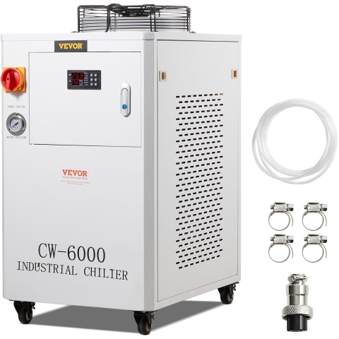 VEVOR Industriële waterkoeler, CW6000, 1500W waterkoeler met compressor, watertankinhoud 15 liter, max. debiet 65 l/min, voor CO2-lasergraveermachine.