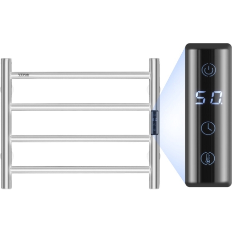 VEVOR Handdoekdroger Radiator Handdoekverwarmer, Verwarmde handdoekradiator met 4 stangen, Waterdichte handdoekverwarmer met timer en LED-display, 5 instelbare temperatuurniveaus, Wandmontage, Zilver