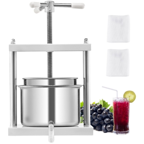 VEVOR Fruitwijnpers Fruitmolen (5 L) met 2 roestvrijstalen vaten, handmatige sapcentrifuge voor wijnbereiding, ciderpers, appelpers, druivenpers, olijfoliepers met driehoekige handgreep voor keuken