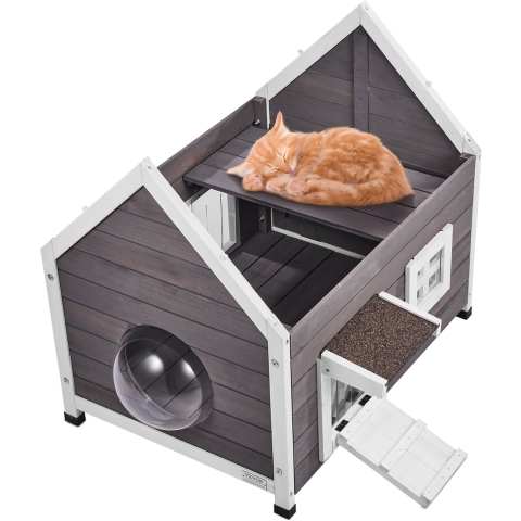 VEVOR Buitenkattenhuis, Weerbestendig Wildkattenhuis voor meerdere katten, Houten Buitenkattenhuis met Grote Zijdeur, PVC Deurkleppen, Open Dak en Doorzichtig Venster, 56 cm L x 76 cm B x 66 cm H