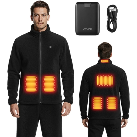 VEVOR Verwarmde Fleece Jas voor Heren, Verwarmde Jas met 7,4V 16000mAh Oplaadbare Powerbank, 6 Verwarmingszones, 3 Temperatuurinstellingen, 3/6/10 Uur Warmte, voor Winterse Outdoor Camping, Zwart, XXL