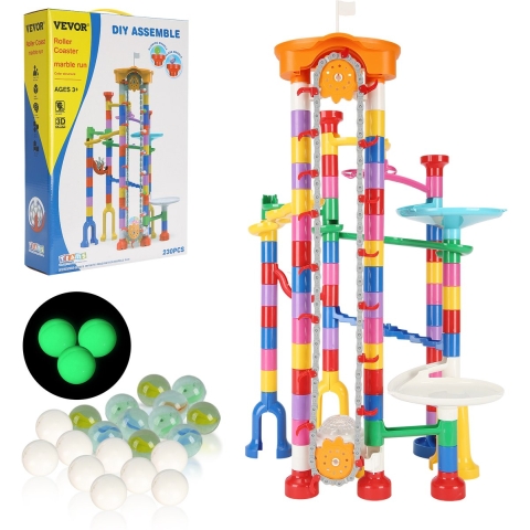 VEVOR 230-delige knikkerbaanset met gemotoriseerde lift, met 15 plastic knikkers, knikkerdoolhof-bouwstenenpuzzelspel, educatief leerzaam racebaan-STEM-speelgoed, voor kinderen vanaf 3 jaar