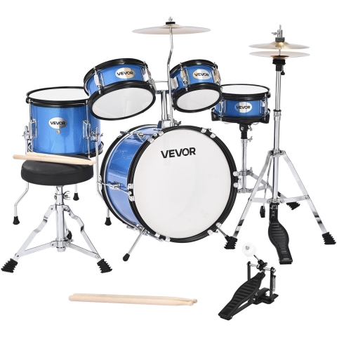 VEVOR 5-delige drumset, 14" basdrum, 8" snaredrum, 6" & 8" tomtoms, 10" floortom, 10" crashbekken, 8" hihat met standaard, voor kinderen van 6-13 jaar (blauw)
