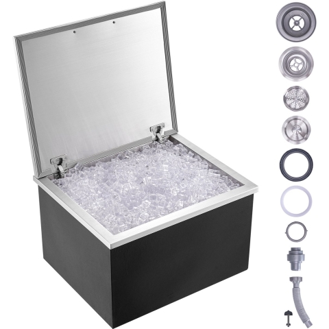 VEVOR Drop-in ijsbox, 82,6 L roestvrijstalen ijskoeler, 710 x 406 x 437 mm commerciële ijscontainer met scharnierend deksel, ingebouwde ijsopslagkist, afvoerpijp en afvoerplug inbegrepen