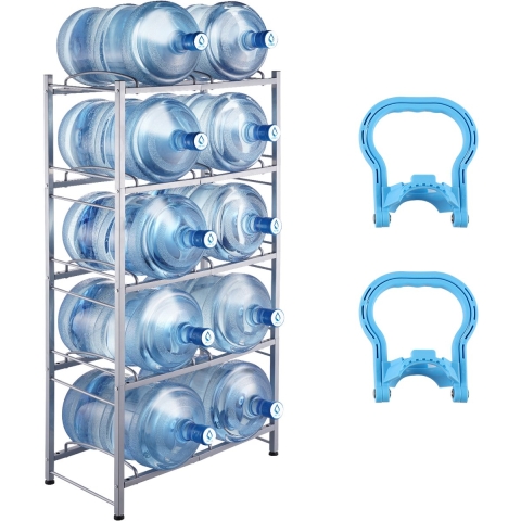 VEVOR 5-laags waterkanhouder, 5-gallon waterfleshouder, dubbellaags waterflesrek voor 10 flessen, robuust waterkanrek voor keuken, kantoor, woonkamer, zilvergrijs