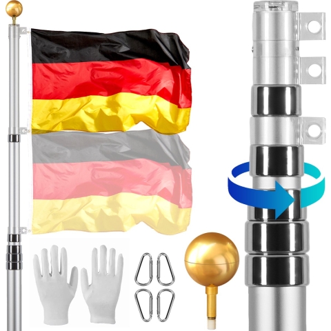 VEVOR 30ft telescopische vlaggenmastset, robuuste aluminiumlegering vlaggenmastset voor buiten, vlaggenmast met 3 weergavemodi en professionele accessoires, Duitse vlag, zilver