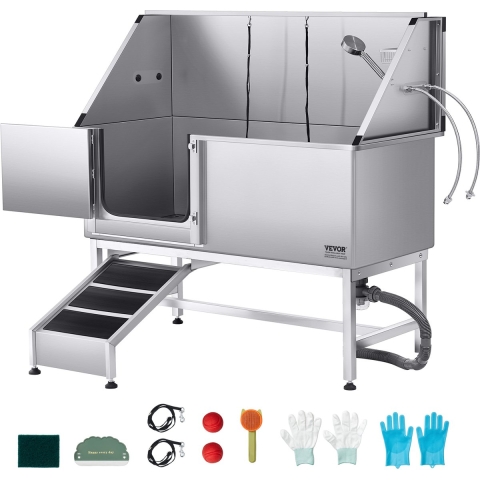 VEVOR Hondenwasstation van roestvrij staal, 1500x700x1495 mm, trimbad voor huisdieren met oprit, PE-waterfilterplaat, kraan, douchekop en zeephouder, voor grote, middelgrote en kleine huisdieren (linkerdeur)