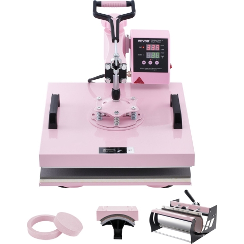 VEVOR Heat Press, 15 x 15 inch, 5-in-1 warmteoverdrachtsmachine met 30 oz Tumbler Press, 360° wegzwenkbare T-shirtpers, digitale precisieregeling, voor T-shirts/mokken/hoeden/borden, roze