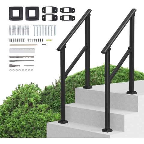 VEVOR Buitentrapleuningen, 2-delige leuningset voor 2-3 treden, overgangsleuning van koolstofstaal met montageset, trapleuning voor senioren, beton & veranda & terras, zwarte vierkante buis