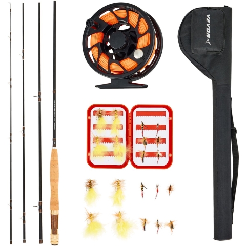 VEVOR Vliegvisset, IM7 Carbon Vliegvishengel en -molen, startersset met hengeltas, tacklebox en 6 korte en 4 lange vliegvishaken, ideaal voor op reis en vakantie