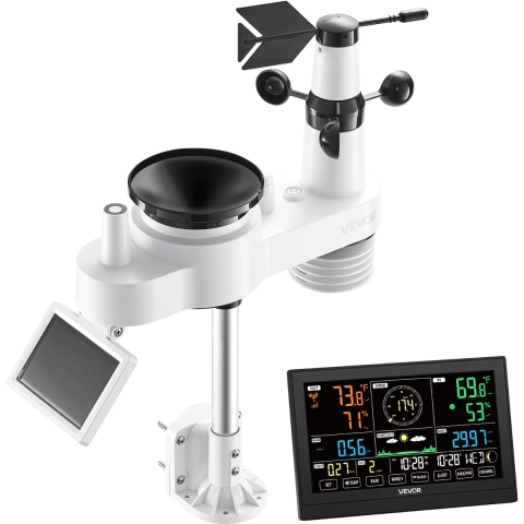 VEVOR 7-in-1 wifi-weerstation met app, 7,5-inch VA-display, op zonne-energie werkende buitensensor, weercentrum voor weersvoorspelling, windsnelheid, temperatuur, luchtvochtigheid en neerslag.
