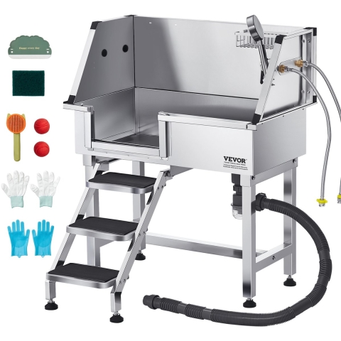 VEVOR Hondenwasstation van roestvrij staal, 870 x 488 x 1025 mm, hondenbad met opbergtrap, kraan, douchekop en zeephouder, hondenbad, voor middelgrote en kleine huisdieren (linkerdeur)