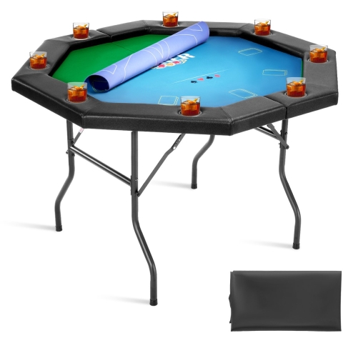 VEVOR Opvouwbare Pokertafel voor 8 spelers (1325 mm) Casino Leisure Tafel met gevoerde rails en bekerhouders, achthoekige draagbare speeltafels met vilt en metalen poten Texas Hold'em Poker