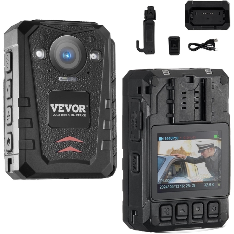 VEVOR 1440P HD politie bodycam, 128GB bodycam met audio- en video-opname, ingebouwde 3500mAh-batterij, 2,0-inch LCD-scherm, infrarood nachtzicht, waterdichte GPS persoonlijke bodycam voor wetshandhaving