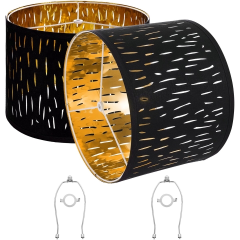 VEVOR Drum lampenkap 33x33x25 cm (boven x onder x hoog), 2 middelgrote vervangende kappen van TC-stof + PET, Harp lampenkap voor tafellampen en staande lampen (zwart hol gesneden ontwerp)